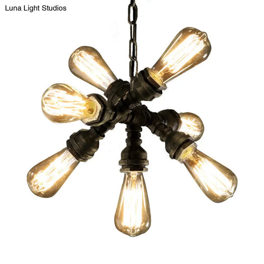 Antique Style Metal Pipe Chandelier With 7 Bronze Bulbs And Exposed Lighting