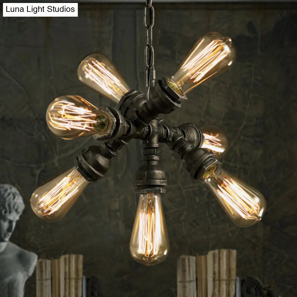 Antique Style Metal Pipe Chandelier With 7 Bronze Bulbs And Exposed Lighting