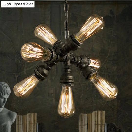 Antique Style Metal Pipe Chandelier With 7 Bronze Bulbs And Exposed Lighting