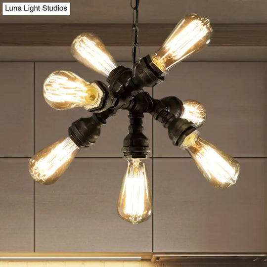 Antique Style Metal Pipe Chandelier With 7 Bronze Bulbs And Exposed Lighting