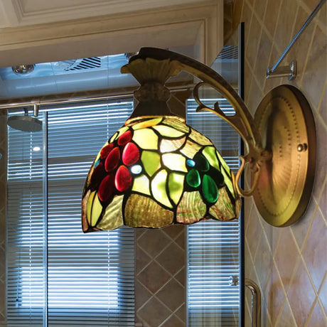 Antique Bronze Tiffany Wall Sconce With Light Green Glass Dome / Arc
