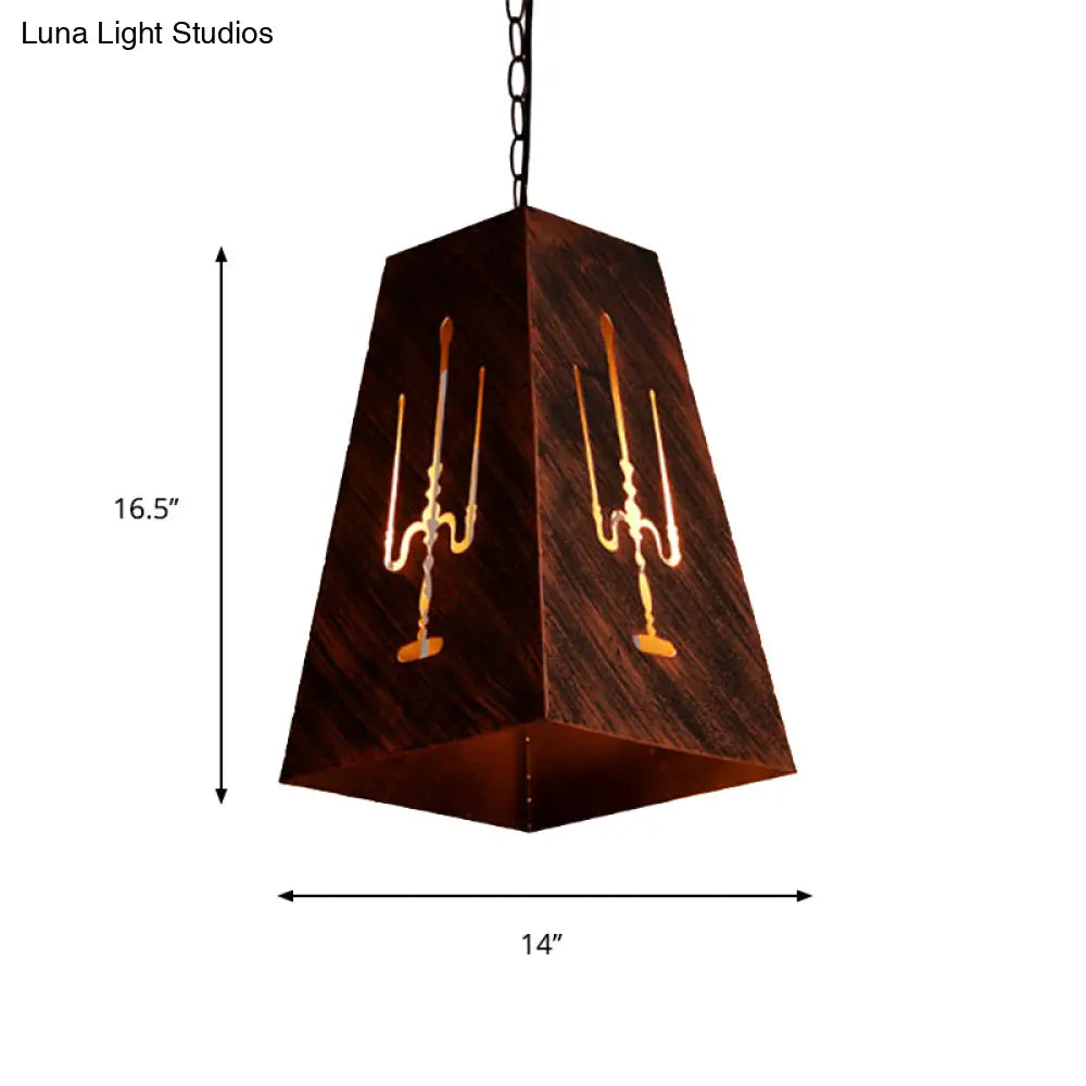 Antique Bronze Trapezoid Hanging Lamp - Rustic Loft Pendant Lighting With Metal Chain