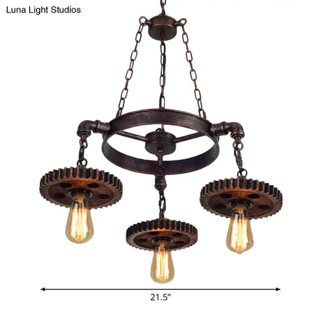 Antique Bronze Wood Carved Gear Chandelier: Loft-Style Pendant Lamp With 1/3/7-Bulb Bistro Down