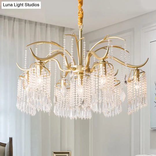 Antique Crystal Tassel Chandelier Lamp With Gold Finish - Elegant Bedroom Hanging Light Fixture