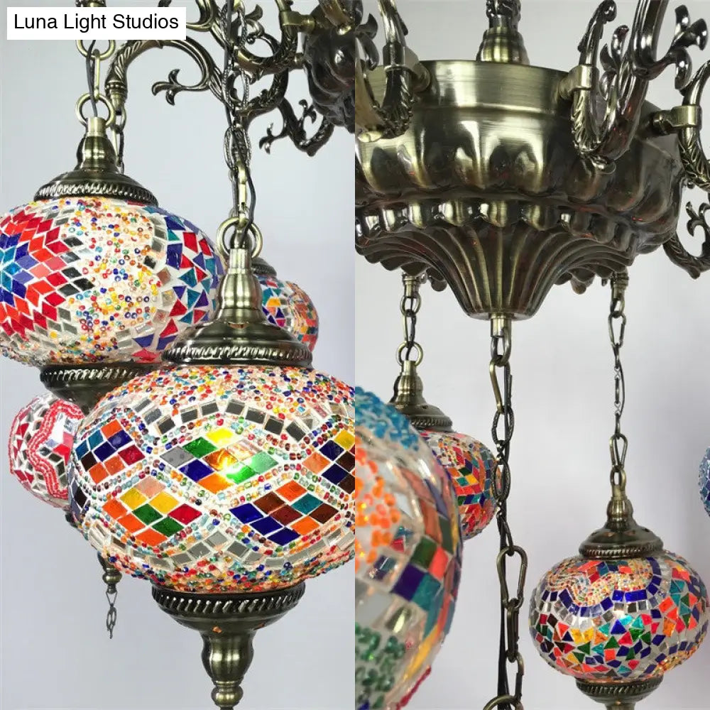 Antique Curved Arm Bronze Chandelier With 11 Glass Shades Global Colorful Hanging Light Kit