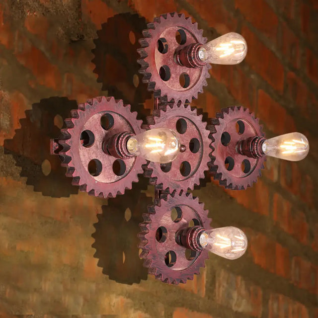 Antique Dark Rust Wrought Iron Sconce Lamp - 4 Lights Gear Wall Lighting For Restaurants