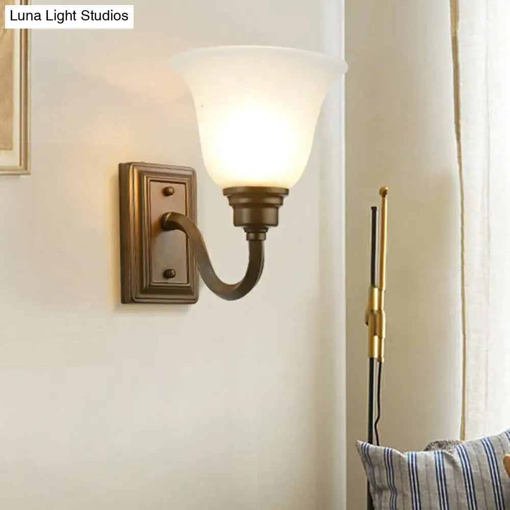 Antique Flared Foyer Wall Lamp - Elegant Milky Glass 1-Bulb Mounted With Curved Arm
