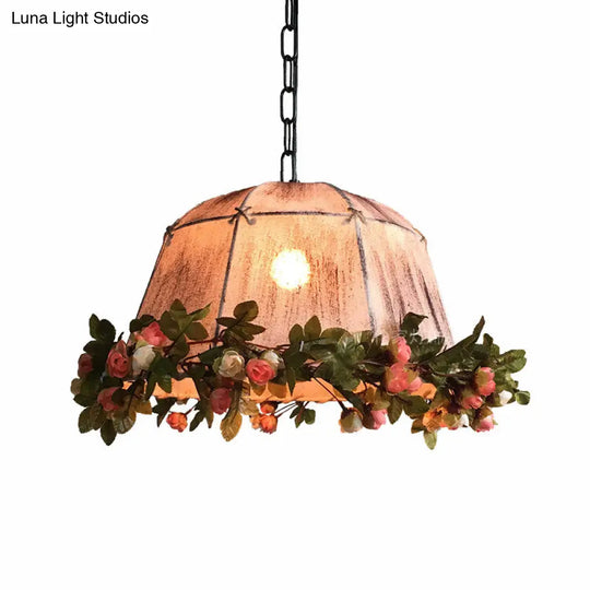 Distressed White Geometric Ceiling Light With Antique Fabric - 1-Light Pendant For Restaurants