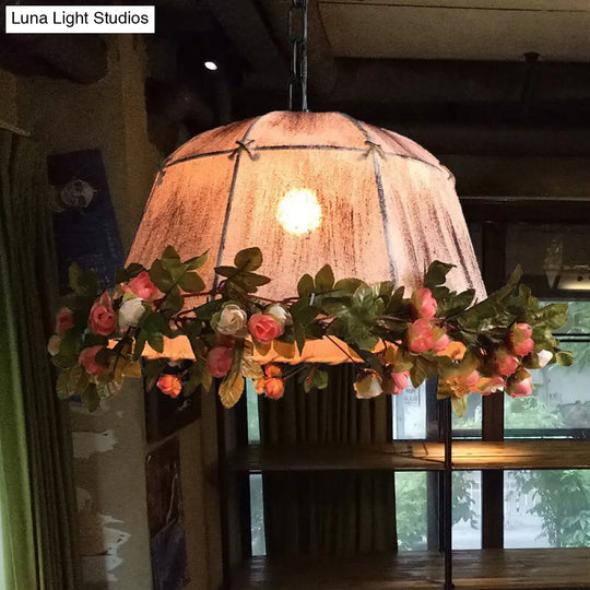 Distressed White Geometric Ceiling Light With Antique Fabric - 1-Light Pendant For Restaurants