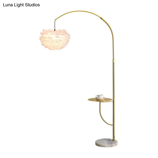 Antique Gold Arc Standing Lamp: Postmodern Metal Tray Floor Light With Feather Shade