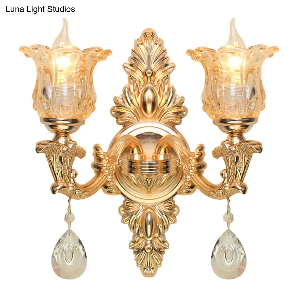 Antique Gold Bellflower Amber Glass Wall Lamp Kit With 2 Lights For Living Room Sconce