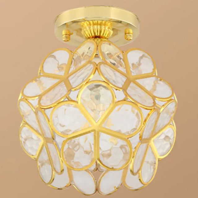 Antique Gold Colonial Style Petal Polyhedron Ceiling Light Flush - Mount Lamp / Clear