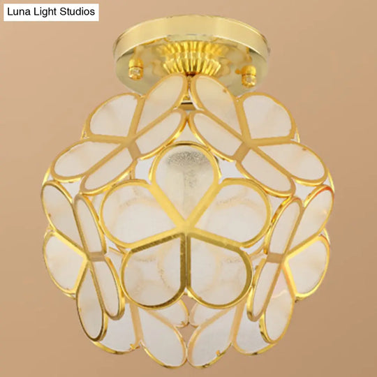 Antique Gold Colonial Style Petal Polyhedron Ceiling Light Flush - Mount Lamp / Frosted