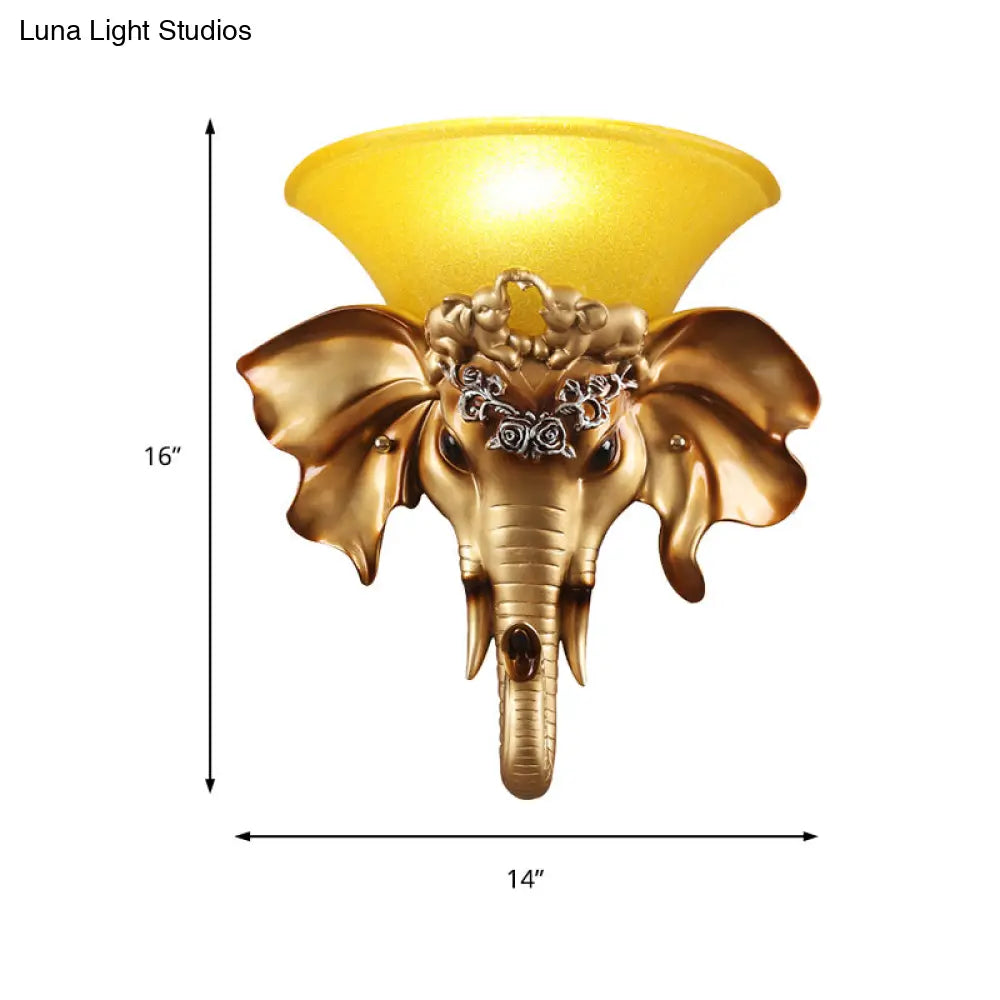 Antique Gold Elephant Sconce With Flared Glass Shade - Wall Mount Living Room Light