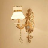 Antique Gold Glass Wall Light With Flower Texture And Crystal Accent For Living Room 1 / E