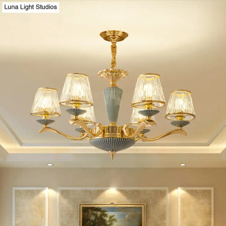 Antique Gold Ribbed Glass Chandelier - Elegant Bedroom Ceiling Pendant Lamp