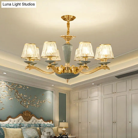 Antique Gold Ribbed Glass Chandelier - Elegant Bedroom Ceiling Pendant Lamp