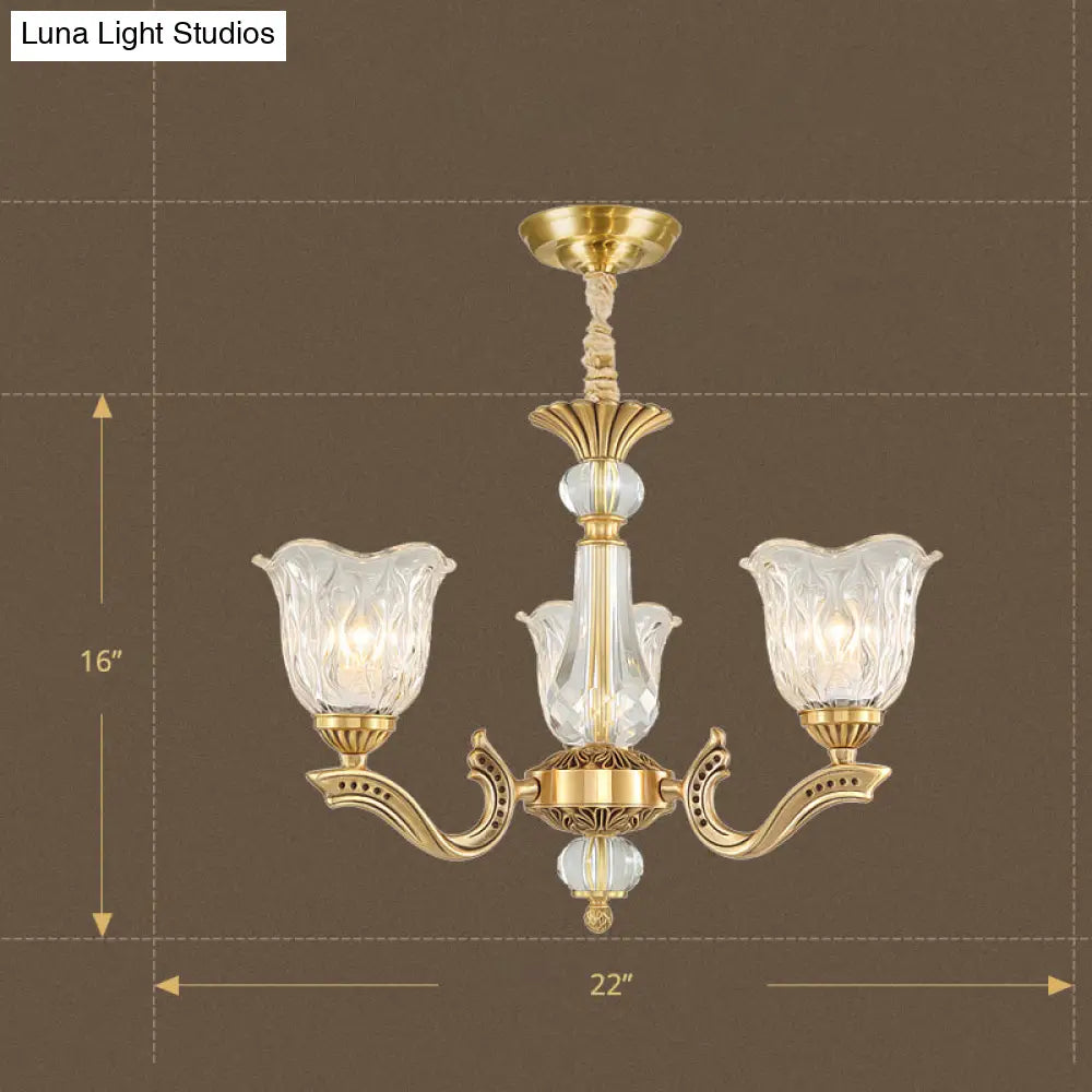 Antique Gold Scalloped Crystal Glass Chandelier With 3 Lights