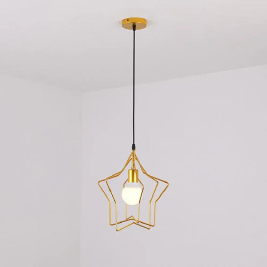 Antique Gold Star Cage Pendant Light For Dining Room - 1-Light Hanging Fixture / 3 Tiers