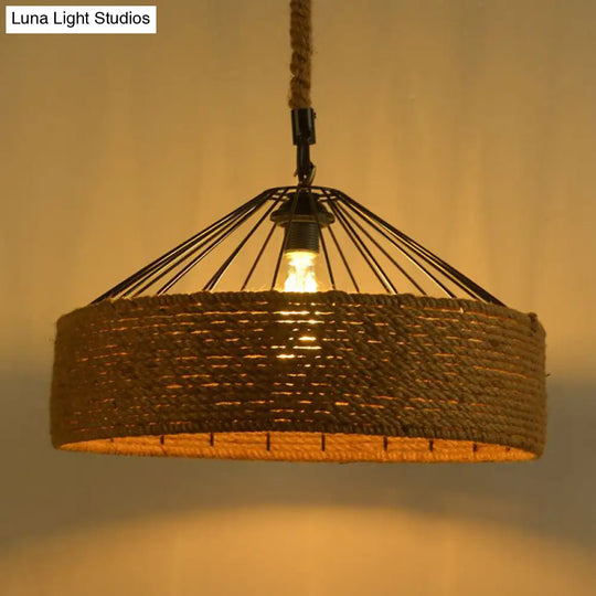 Antique Handmade Hemp Rope Drum Pendant Light - Flaxen Hanging Fixture