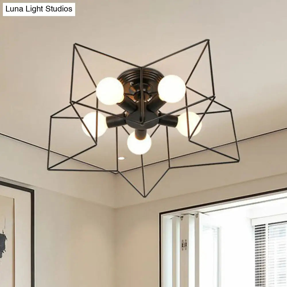Antique Iron Flush Mount Ceiling Light With 5 Heads Semi Fixture – Perfect For Bedroom Black