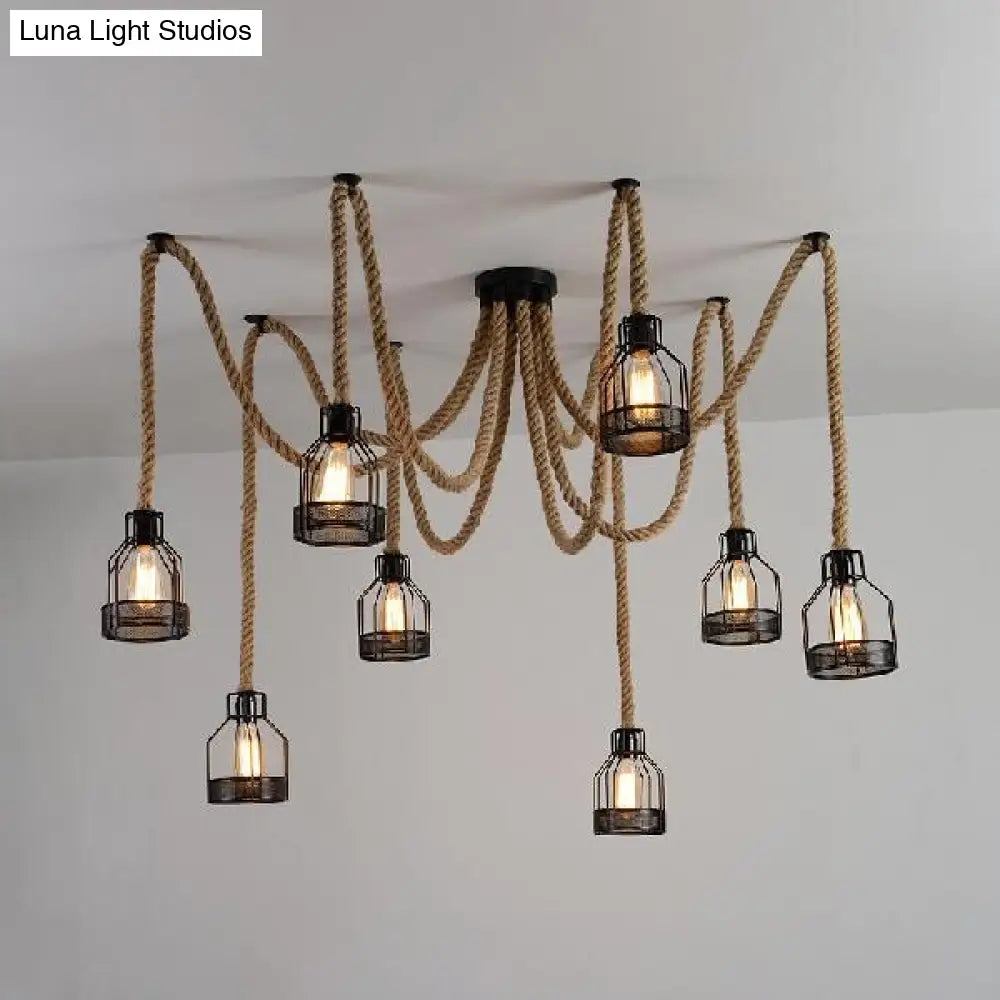 Antique Iron Wire Cage Pendant Light With Black Swag Ceiling Fixture - 8 Bulbs + Hemp Rope Ideal For