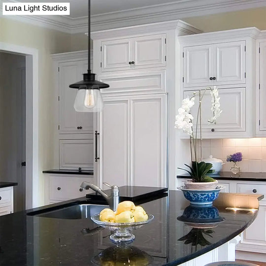 Antique Metal Hanging Pendant Lamp With Clear Glass Shade - Black Jar Design Ideal For Dining Room