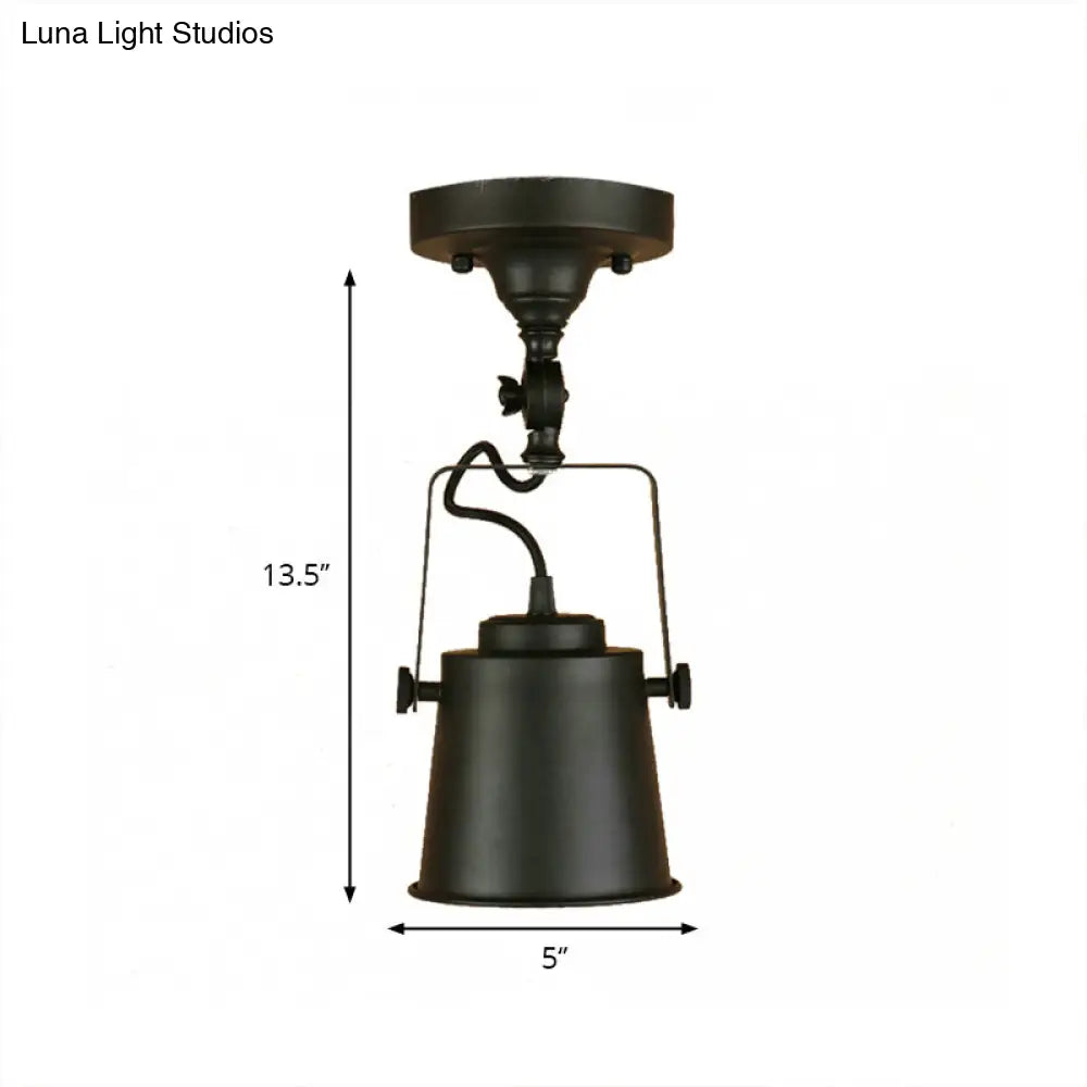 Antique Metal Bucket Shade Ceiling Lamp - Rotatable Semi Flush Pendant Light For Living Rooms 1 Bulb