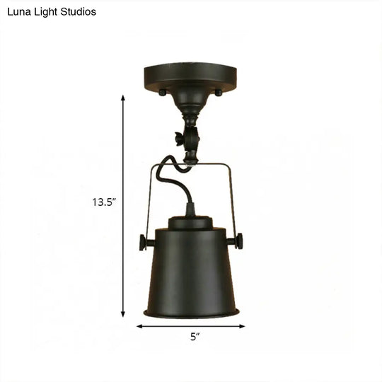 Antique Metal Bucket Shade Ceiling Lamp - Rotatable Semi Flush Pendant Light For Living Rooms 1 Bulb