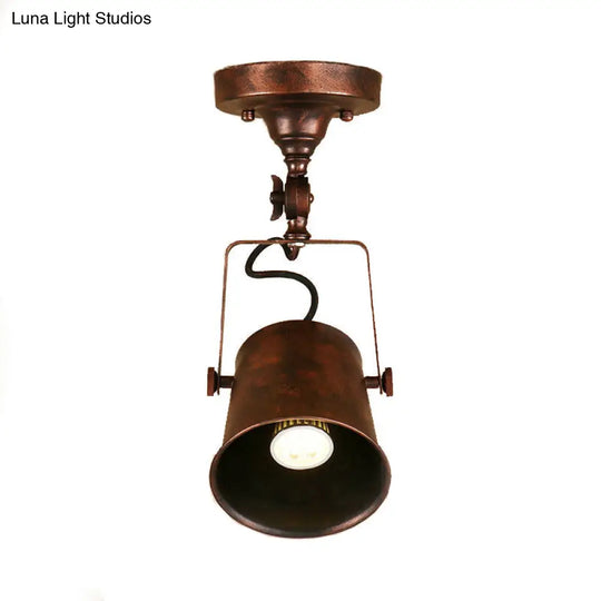 Antique Metal Bucket Shade Ceiling Lamp - Rotatable Semi Flush Pendant Light For Living Rooms 1 Bulb