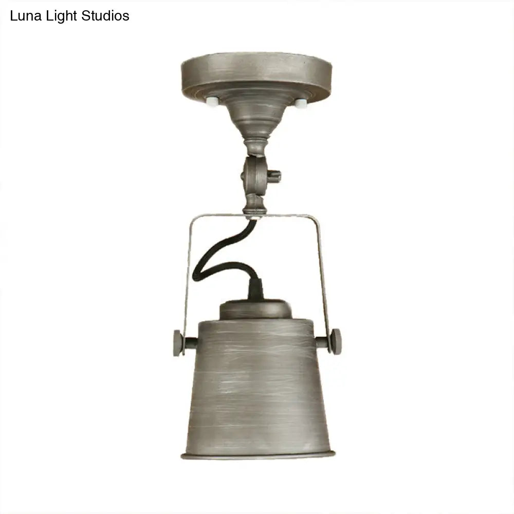 Antique Metal Bucket Shade Ceiling Lamp - Rotatable Semi Flush Pendant Light For Living Rooms 1