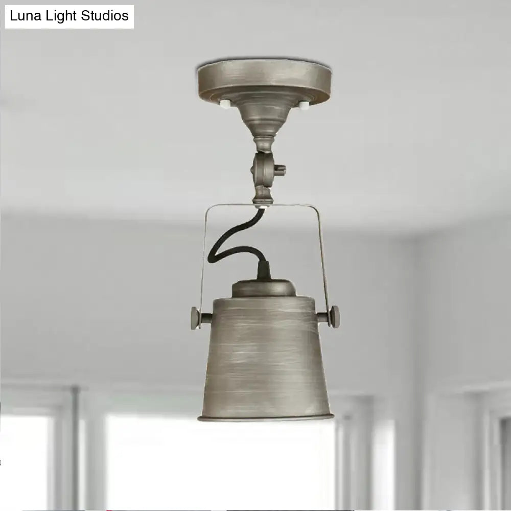 Antique Metal Bucket Shade Ceiling Lamp - Rotatable Semi Flush Pendant Light For Living Rooms 1