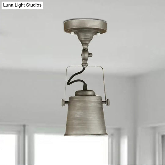 Antique Metal Bucket Shade Ceiling Lamp - Rotatable Semi Flush Pendant Light For Living Rooms 1
