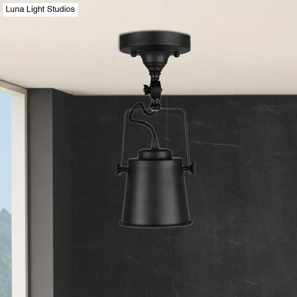 Antique Metal Bucket Shade Ceiling Lamp - Rotatable Semi Flush Pendant Light For Living Rooms 1
