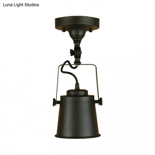 Antique Metal Bucket Shade Ceiling Lamp - Rotatable Semi Flush Pendant Light For Living Rooms 1 Bulb