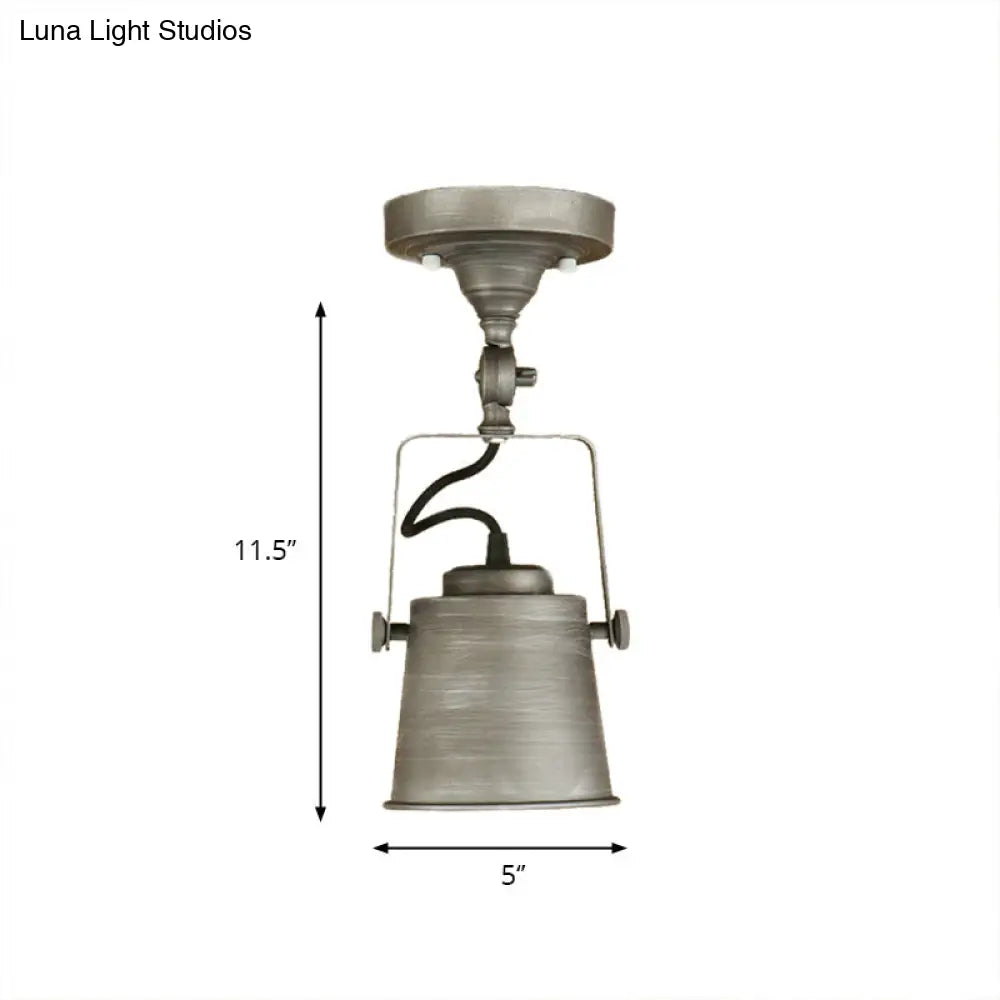 Antique Metal Bucket Shade Ceiling Lamp - Rotatable Semi Flush Pendant Light For Living Rooms 1
