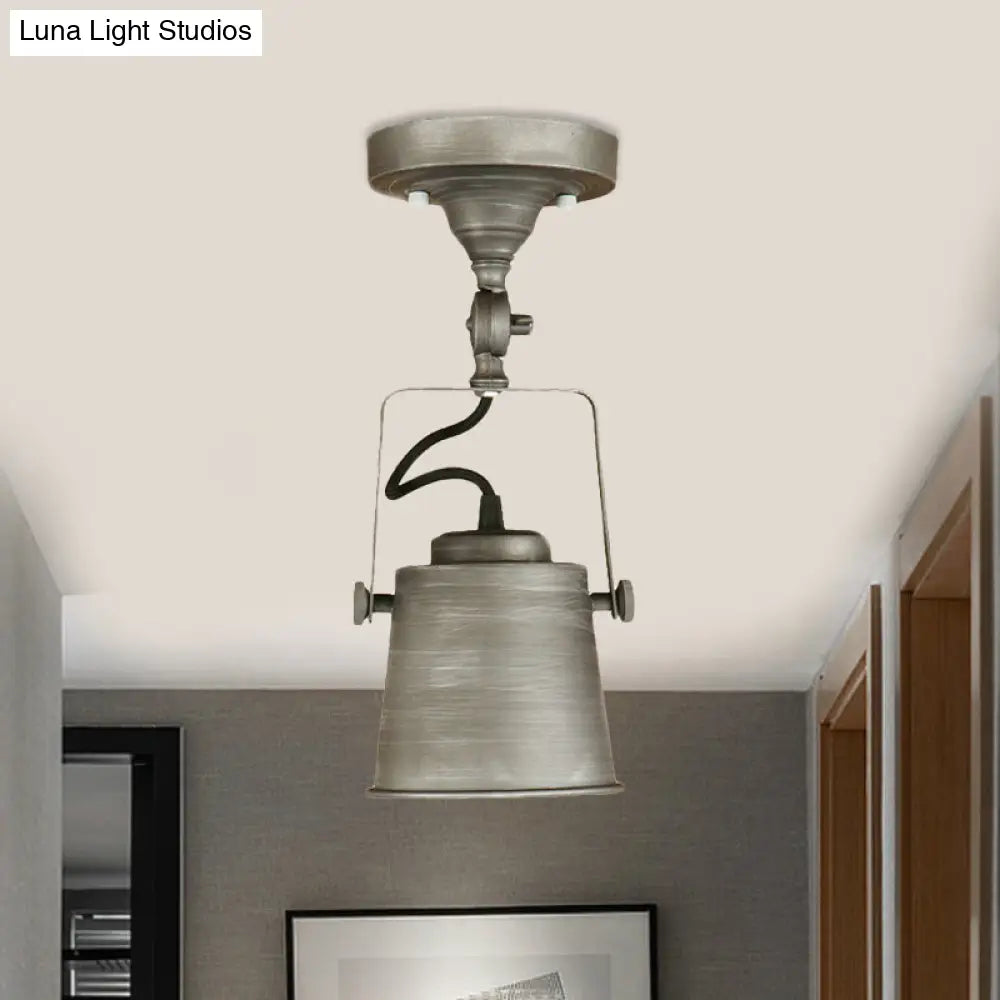 Antique Metal Bucket Shade Ceiling Lamp - Rotatable Semi Flush Pendant Light For Living Rooms 1