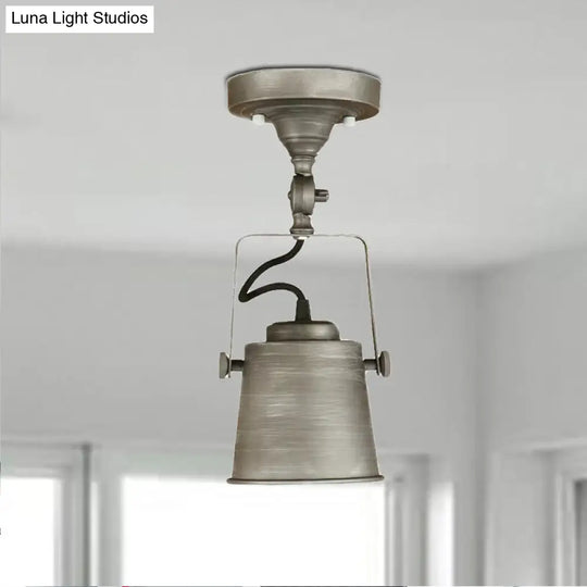 Antique Metal Bucket Shade Ceiling Lamp - Rotatable Semi Flush Pendant Light For Living Rooms 1 Bulb