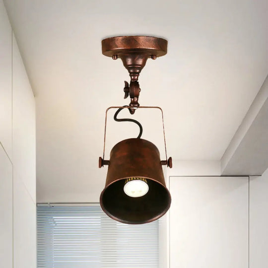 Antique Metal Bucket Shade Ceiling Lamp - Rotatable Semi Flush Pendant Light For Living Rooms 1