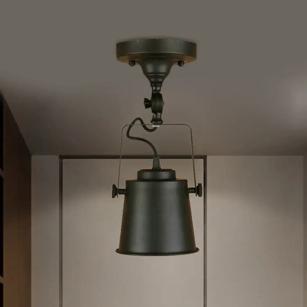 Antique Metal Bucket Shade Ceiling Lamp - Rotatable Semi Flush Pendant Light For Living Rooms 1