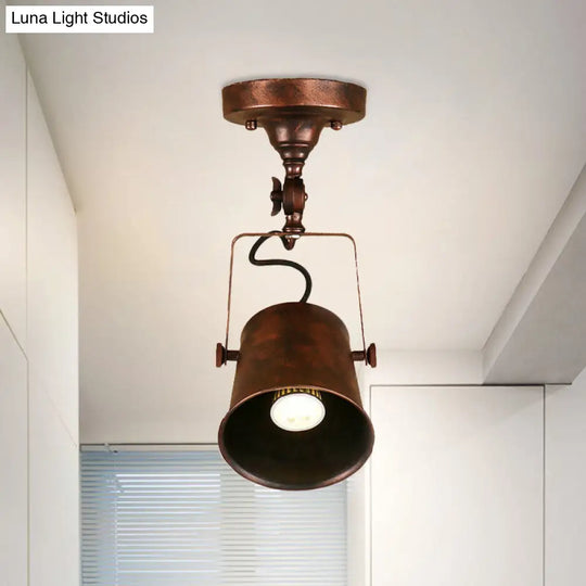 Antique Metal Bucket Shade Ceiling Lamp - Rotatable Semi Flush Pendant Light For Living Rooms 1 Bulb
