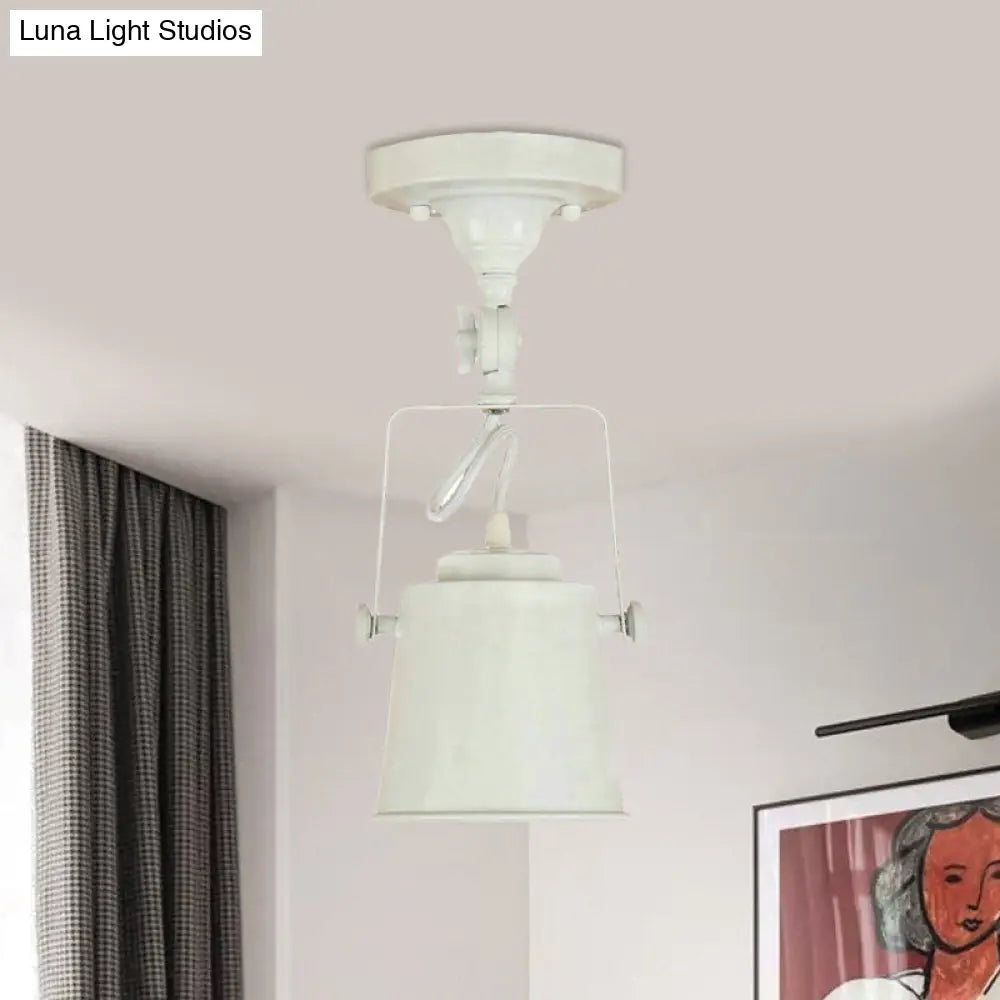 Antique Metal Bucket Shade Ceiling Lamp - Rotatable Semi Flush Pendant Light For Living Rooms 1 Bulb