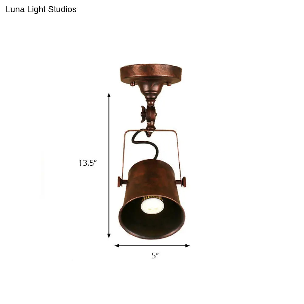 Antique Metal Bucket Shade Ceiling Lamp - Rotatable Semi Flush Pendant Light For Living Rooms 1 Bulb