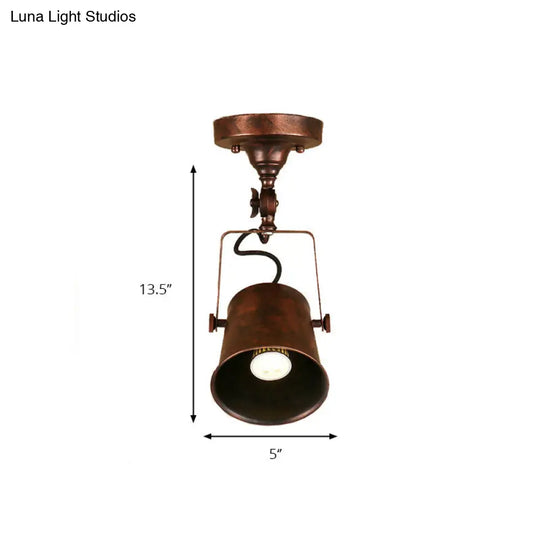 Antique Metal Bucket Shade Ceiling Lamp - Rotatable Semi Flush Pendant Light For Living Rooms 1 Bulb