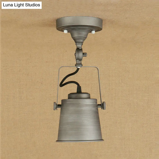 Antique Metal Bucket Shade Ceiling Lamp - Rotatable Semi Flush Pendant Light For Living Rooms 1 Bulb