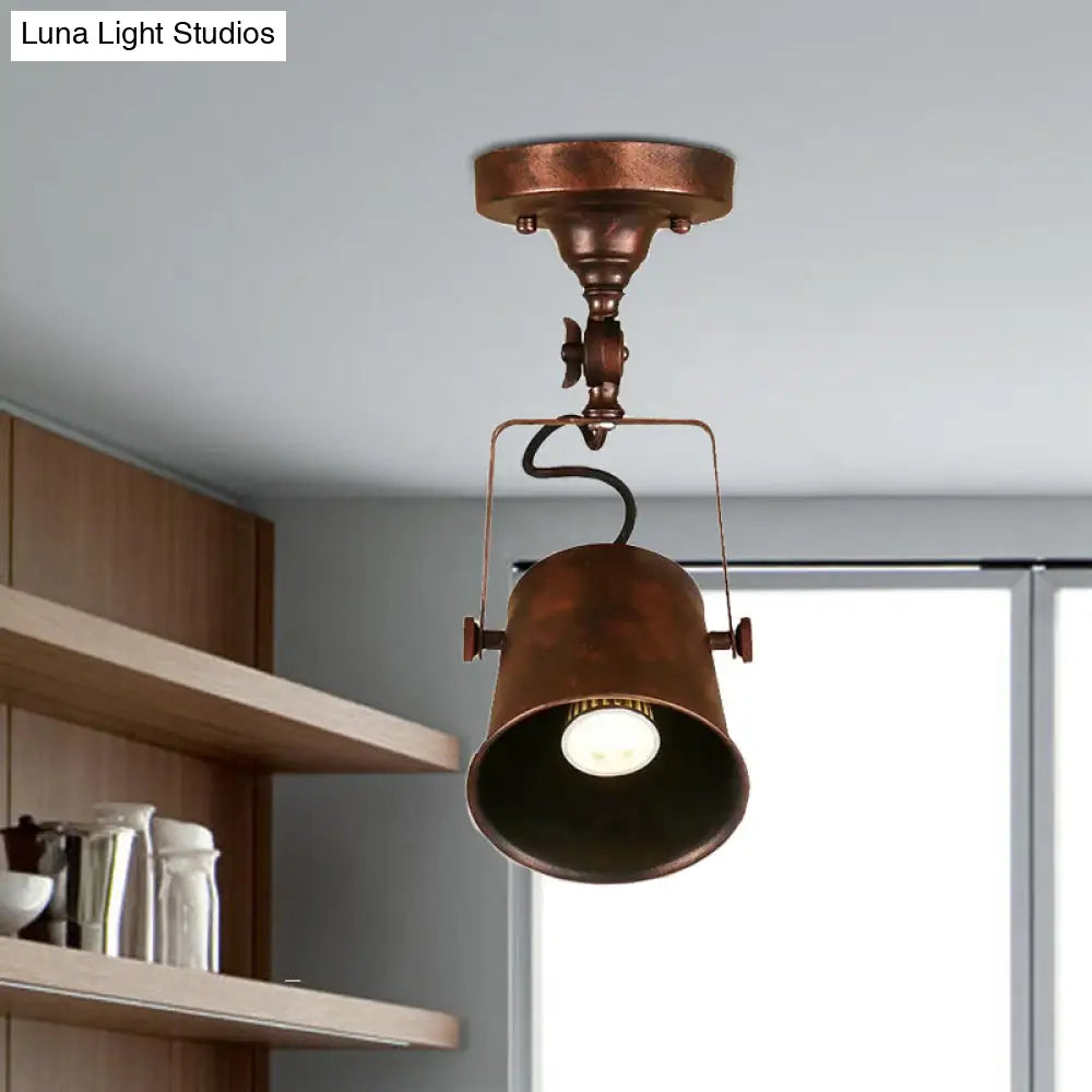 Antique Metal Bucket Shade Ceiling Lamp - Rotatable Semi Flush Pendant Light For Living Rooms 1