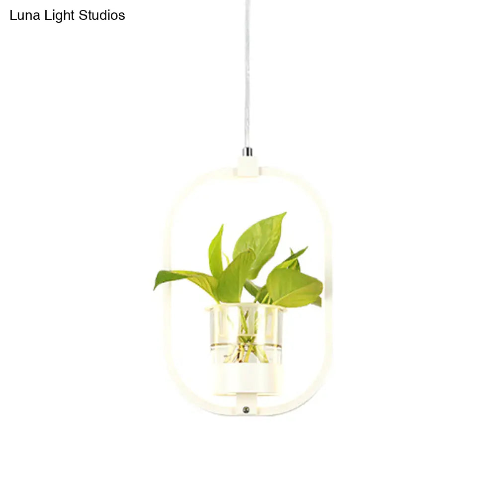 Antique Metal Pendant Light With Plant Cup And Led For Restaurants - Oval Shape In Black/Grey/White