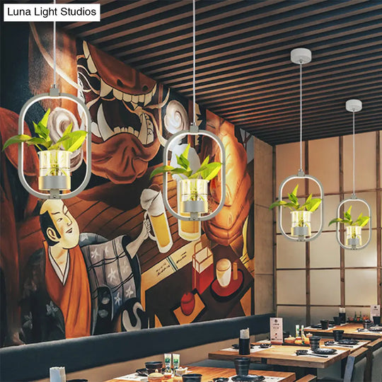 Antique Metal Pendant Light With Plant Cup And Led For Restaurants - Oval Shape In Black/Grey/White