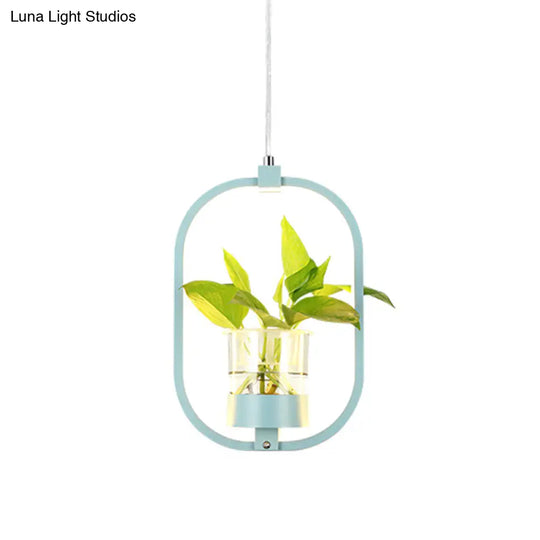 Antique Metal Pendant Light With Plant Cup And Led For Restaurants - Oval Shape In Black/Grey/White