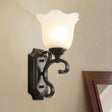 Antique Milk Glass Floral Wall Lamp - Black 1-Bulb Sconce Fixture For Living Room Lighting
